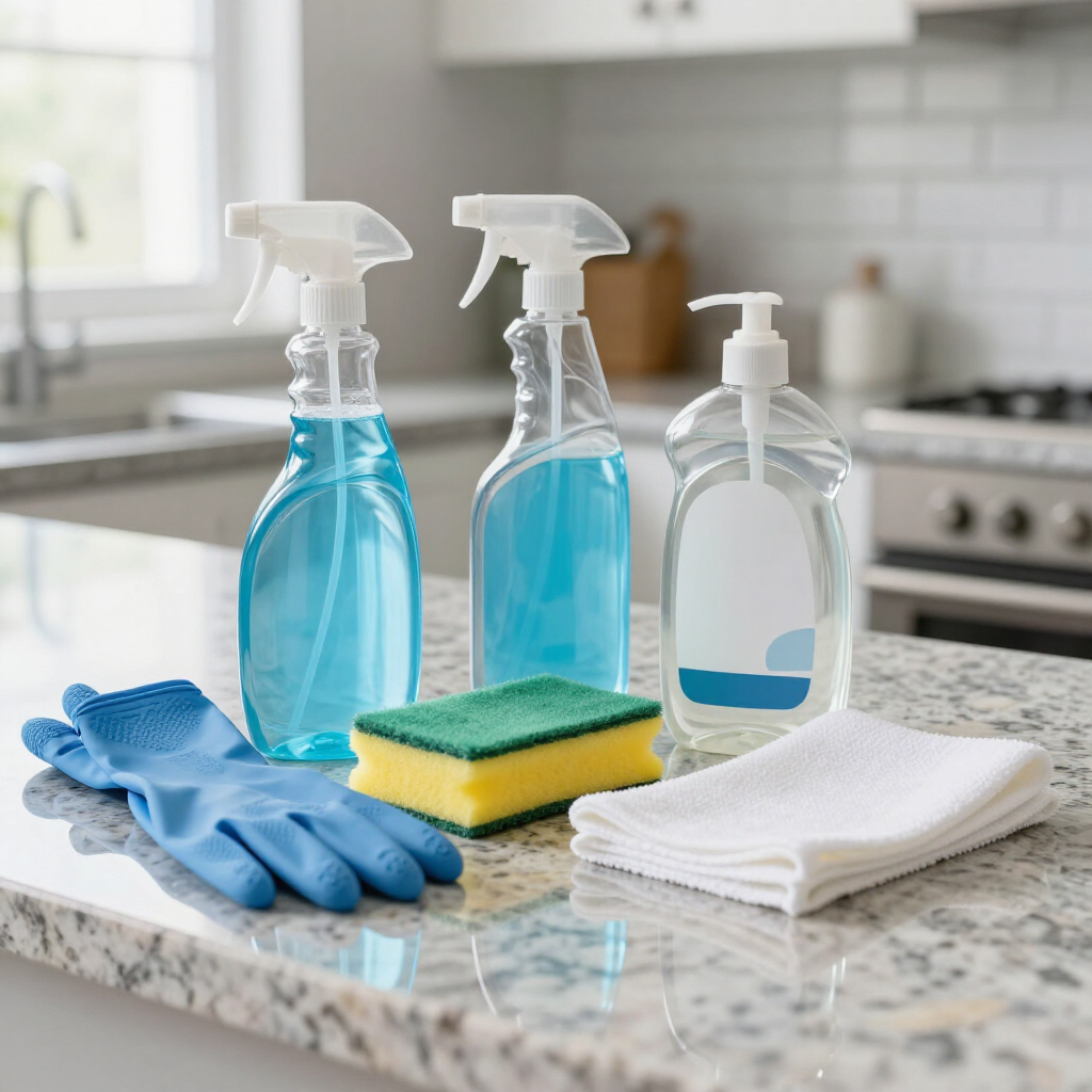 Cleaning supplies on a kitchen counter: blue spray bottles, gloves, sponge, and folded cloths.