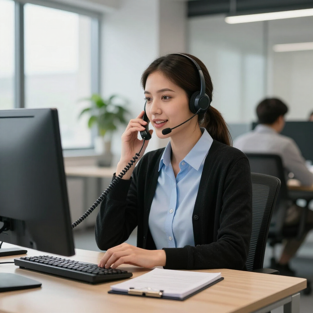 Office worker wearing a headset at a desk, speaking on a call beside a computer and notepad.