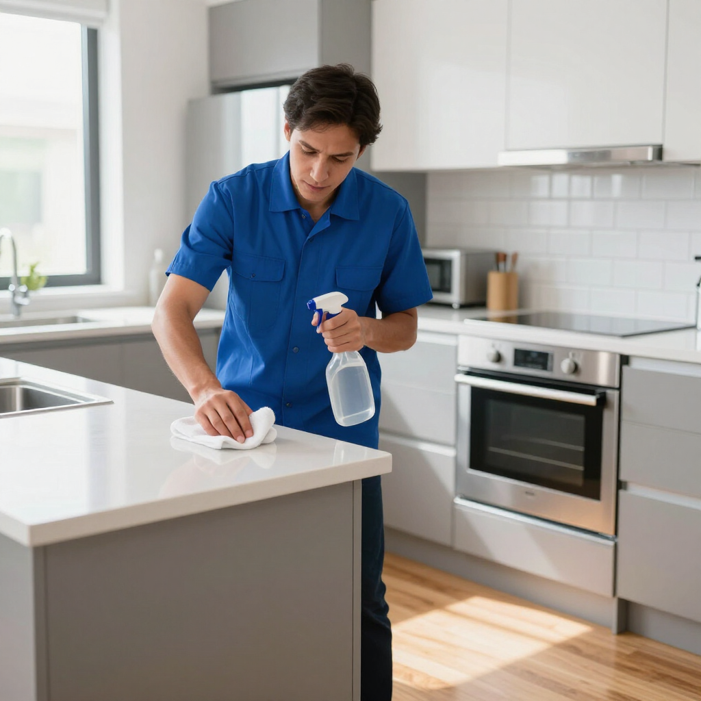 Person cleaning a kitchen counter with spray bottle and cloth in a bright modern kitchen