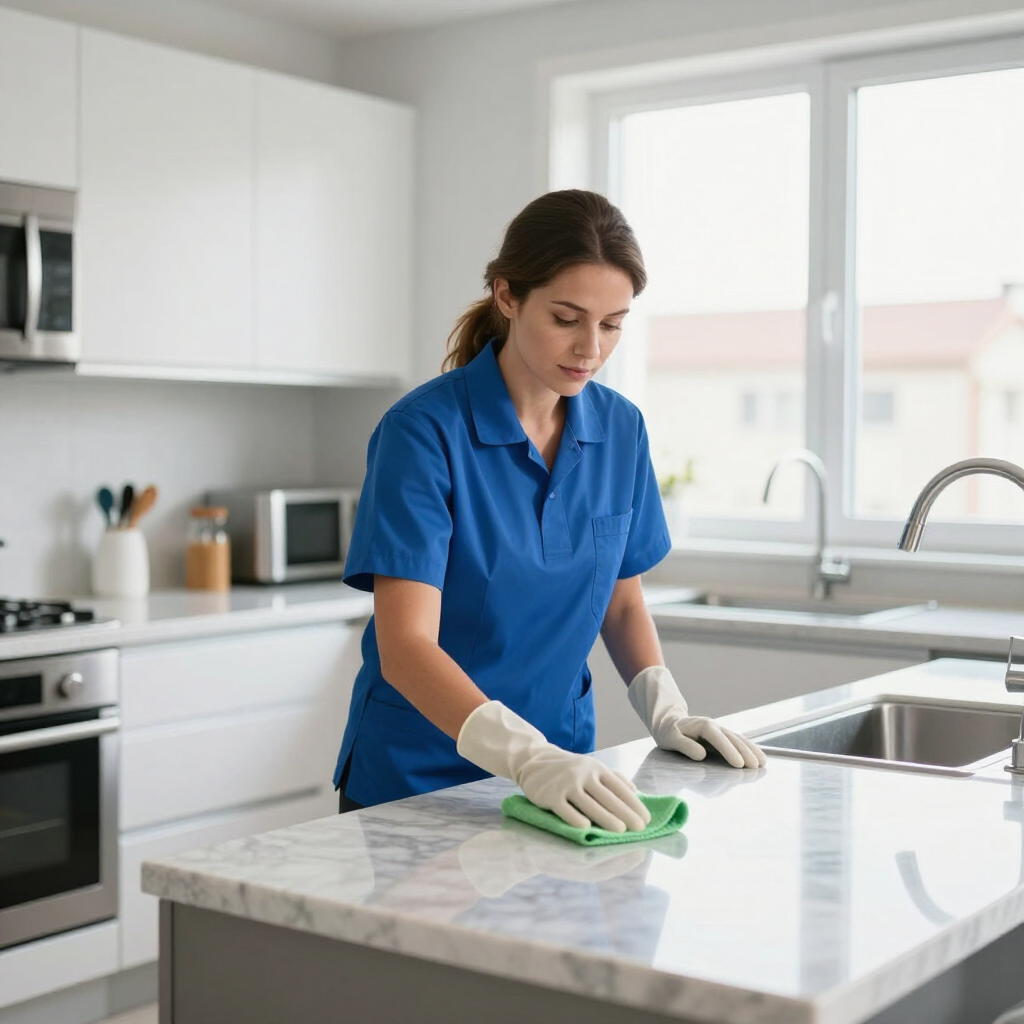 Person in a blue shirt cleaning a kitchen countertop with a cloth near a sink and window