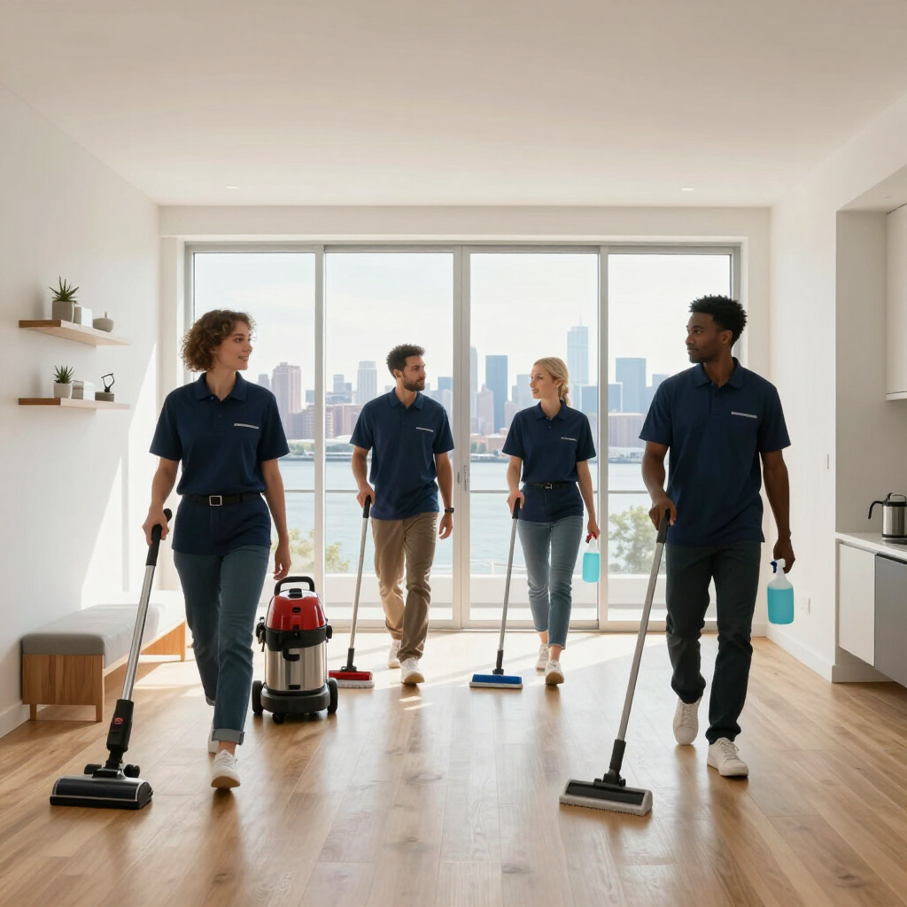 Cleaning crew vacuuming a bright modern apartment with city windows in the background