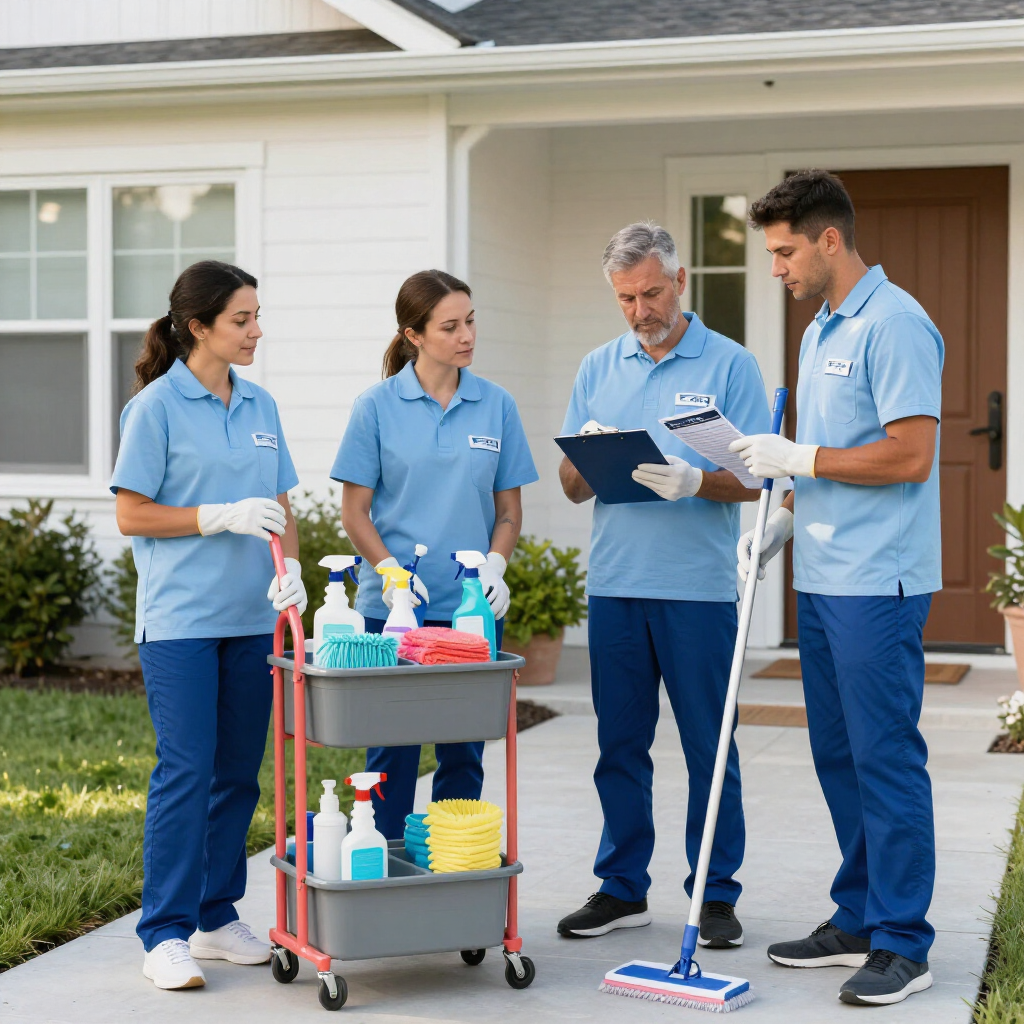 Cleaning crew reviewing a checklist outside a house beside a cart of cleaning supplies