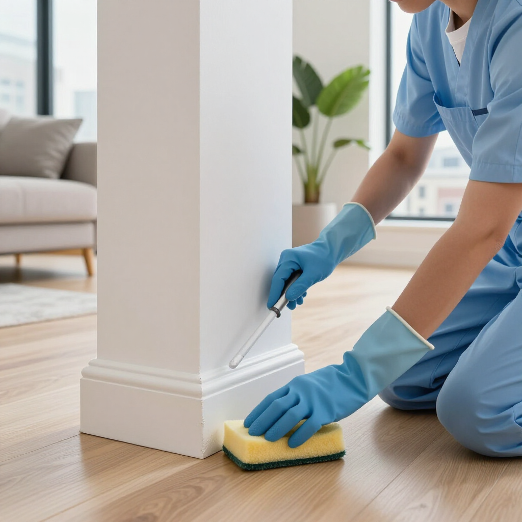Gloved cleaner scrubbing a white baseboard with a sponge in a bright living room