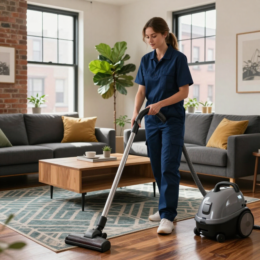 Person vacuuming a modern living room beside a canister vacuum and gray sofas