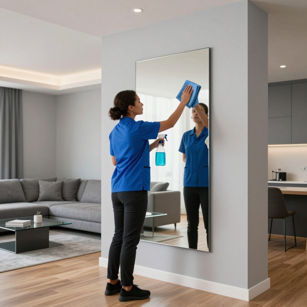 Person cleaning a wall mirror with a blue cloth in a modern living room