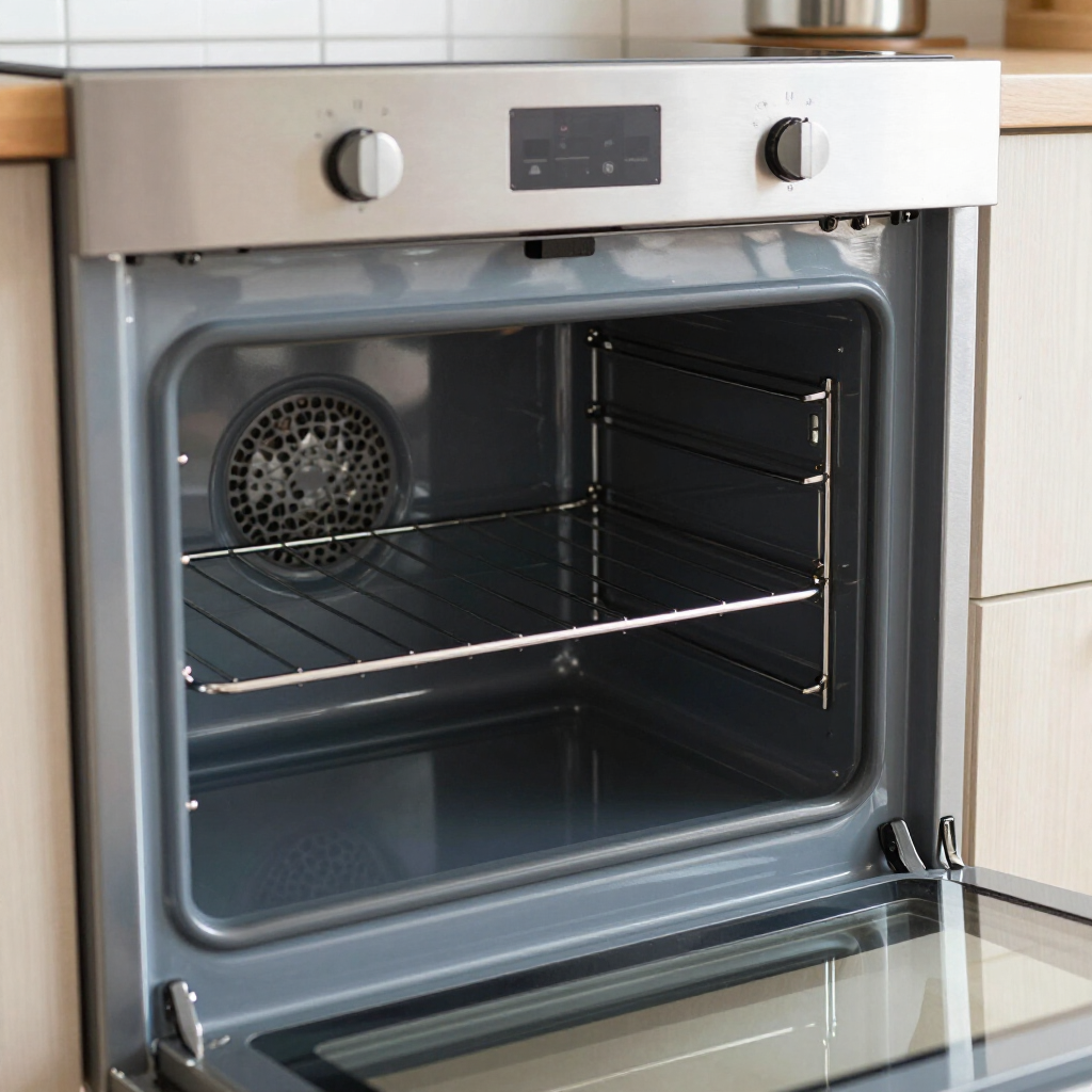 Open oven with glass door, metal racks, and digital control panel in a kitchen
