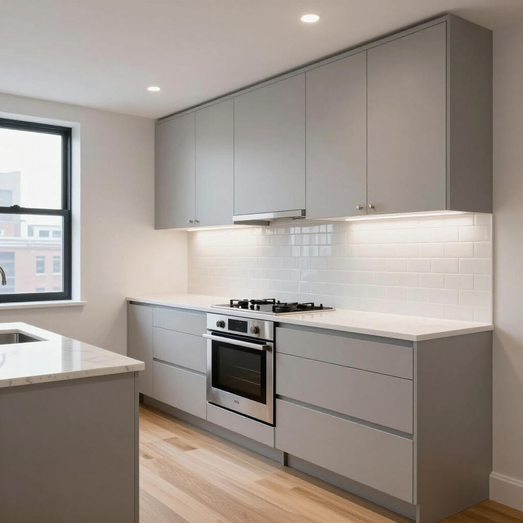 Modern gray kitchen with white countertops, stainless stove, subway tile backsplash, and a window on the left