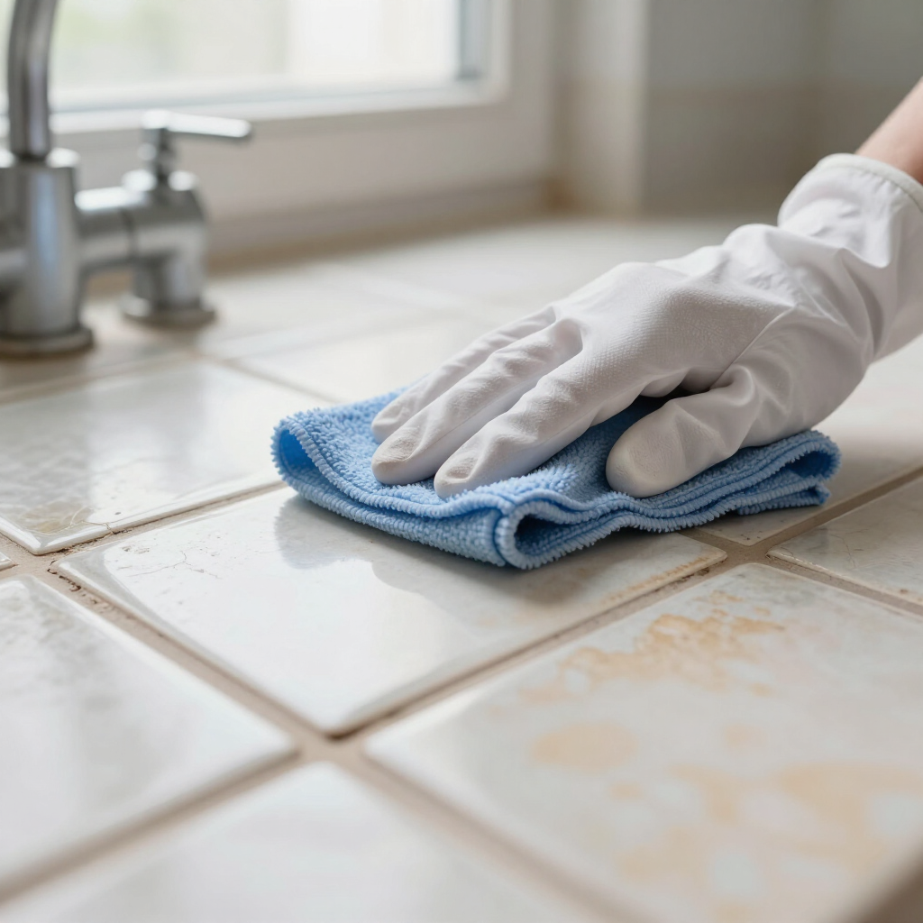 Gloved hand wiping tiled kitchen counter with a blue cloth near a sink