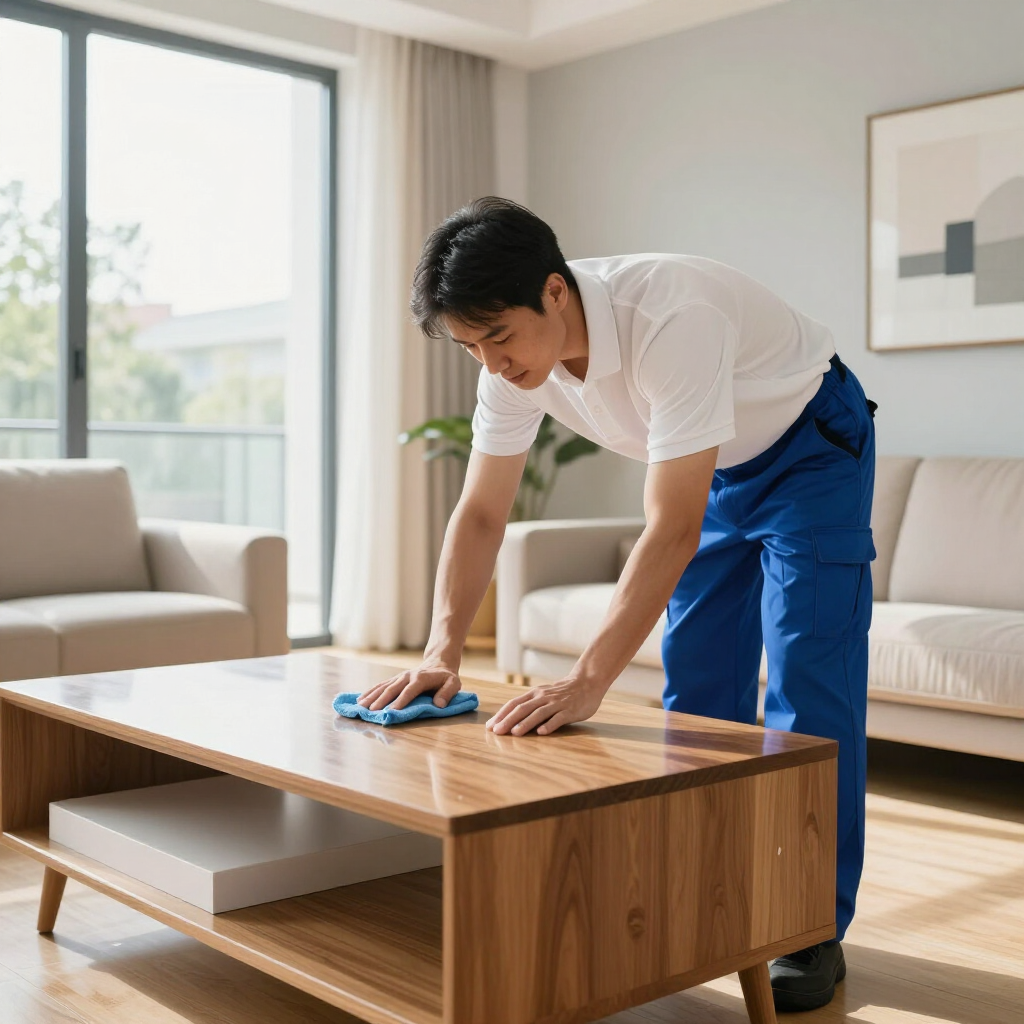 Man wiping a wooden coffee table with a blue cloth in a bright living room