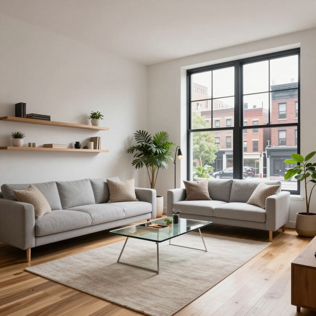 Bright living room with two gray sofas, a glass coffee table, plants, and a large window.