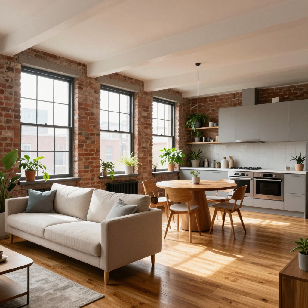 Sunlit modern loft living room with exposed brick, large windows, gray sofa, and wood dining table