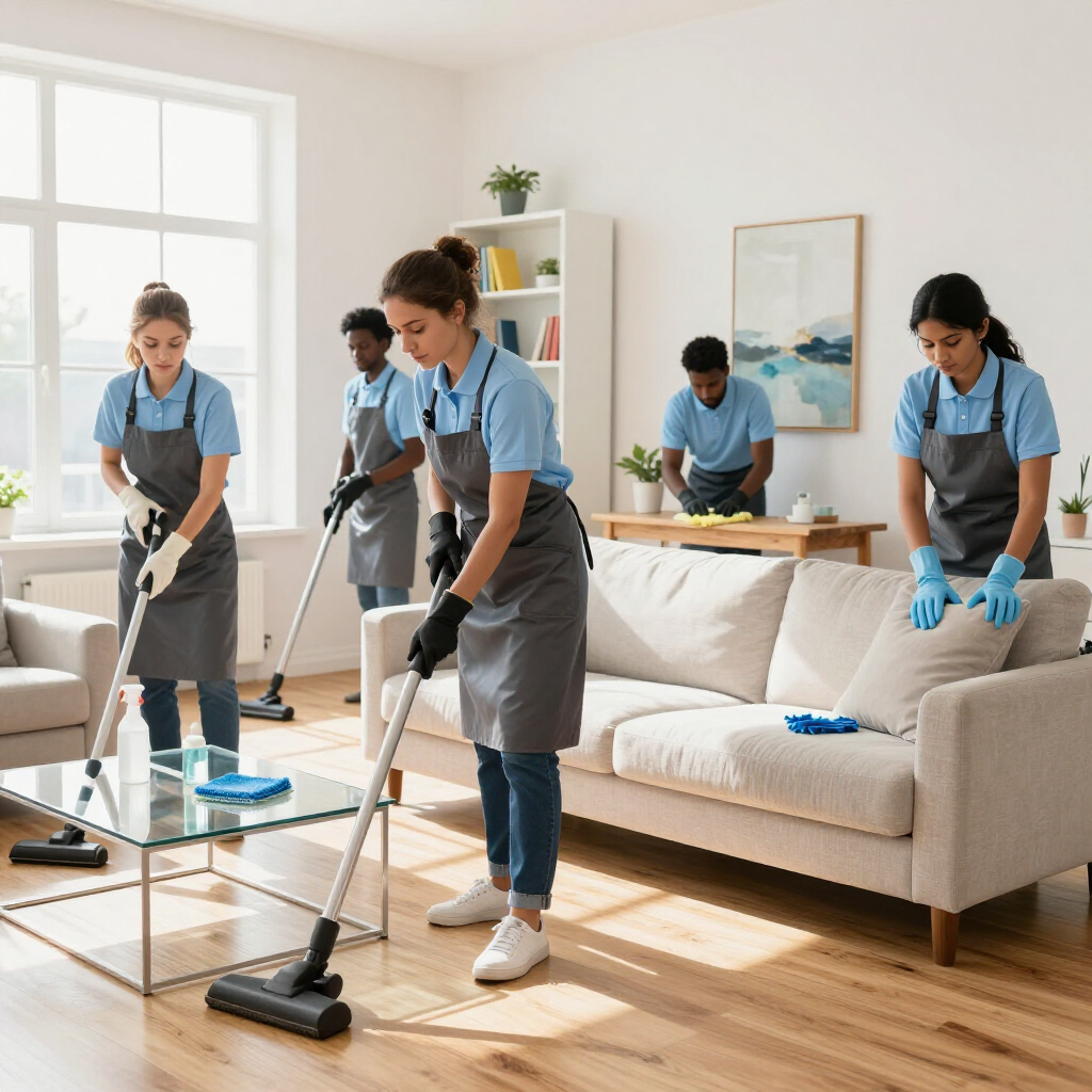 Cleaners tidying a bright living room with a vacuum, mop, and cloths around a beige sofa