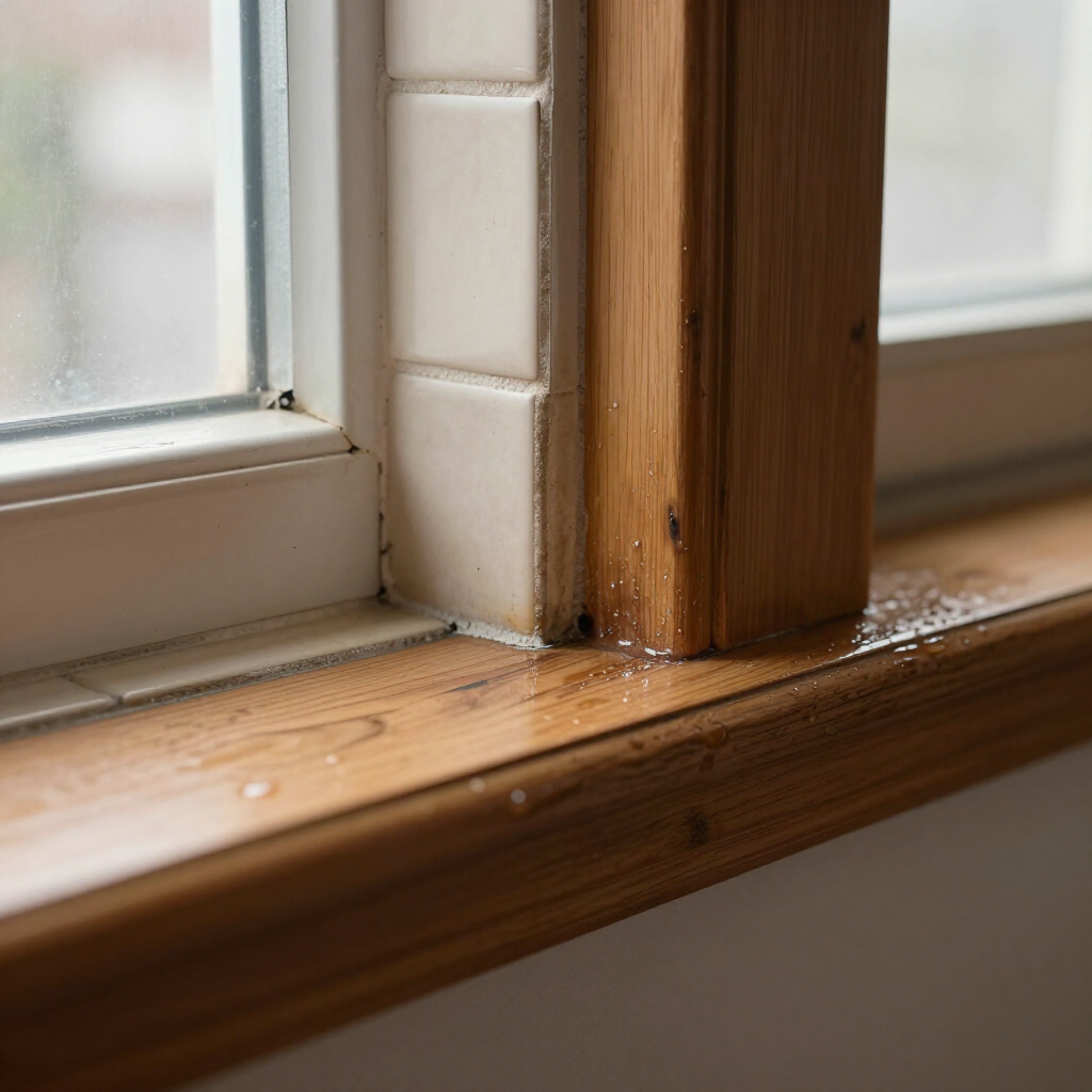 Wooden window sill with visible water damage and peeling paint beside a white tiled window frame
