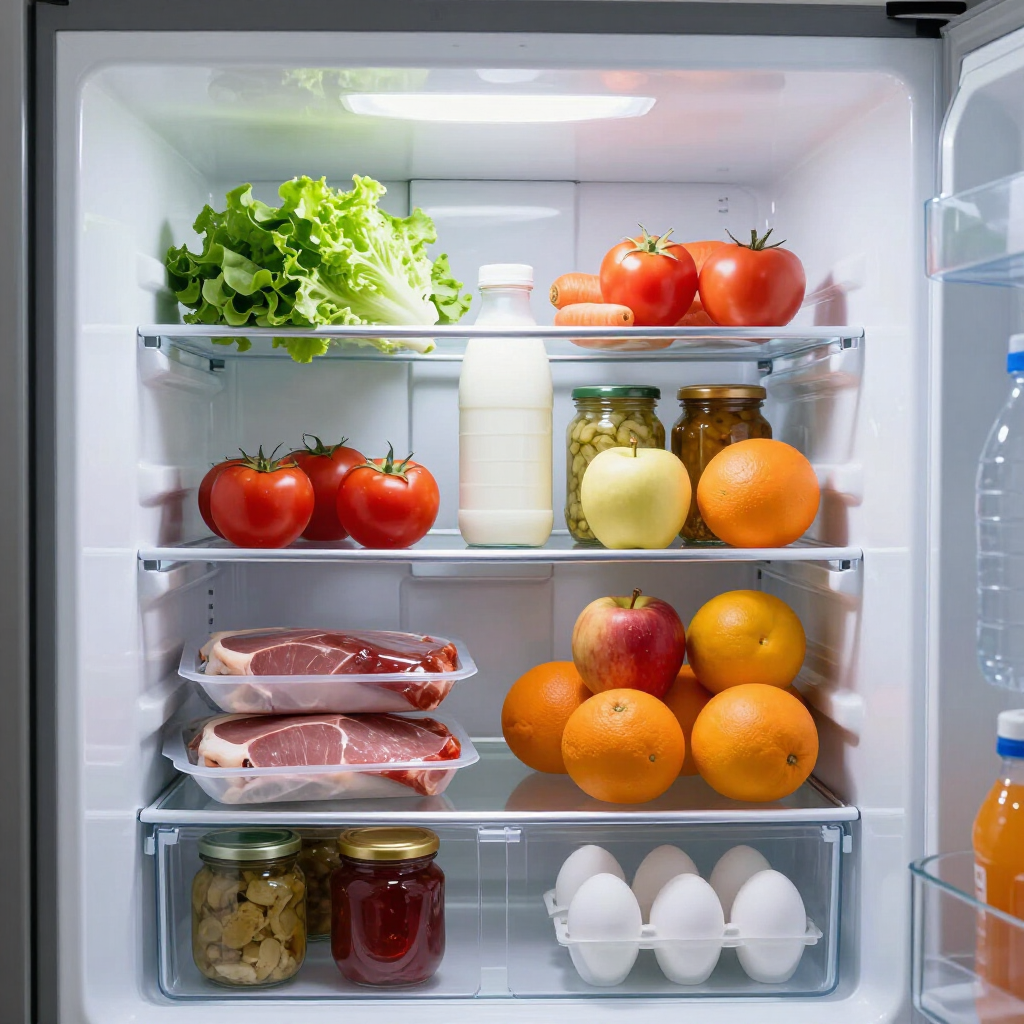 Open refrigerator with lettuce, tomatoes, milk, meat, fruit, eggs, and jars on shelves