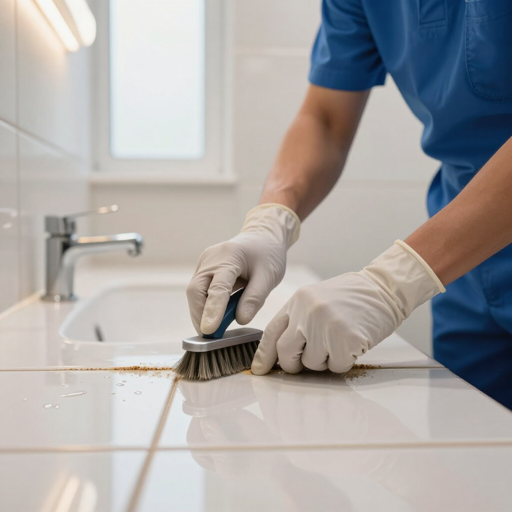 Gloved cleaner scrubbing a white tile countertop with a brush near a sink in a bright bathroom