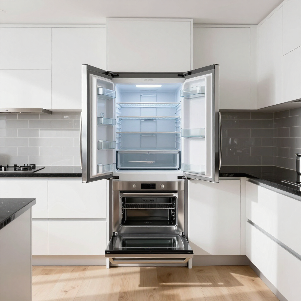 Modern white kitchen with an open stainless steel refrigerator centered between black countertops.