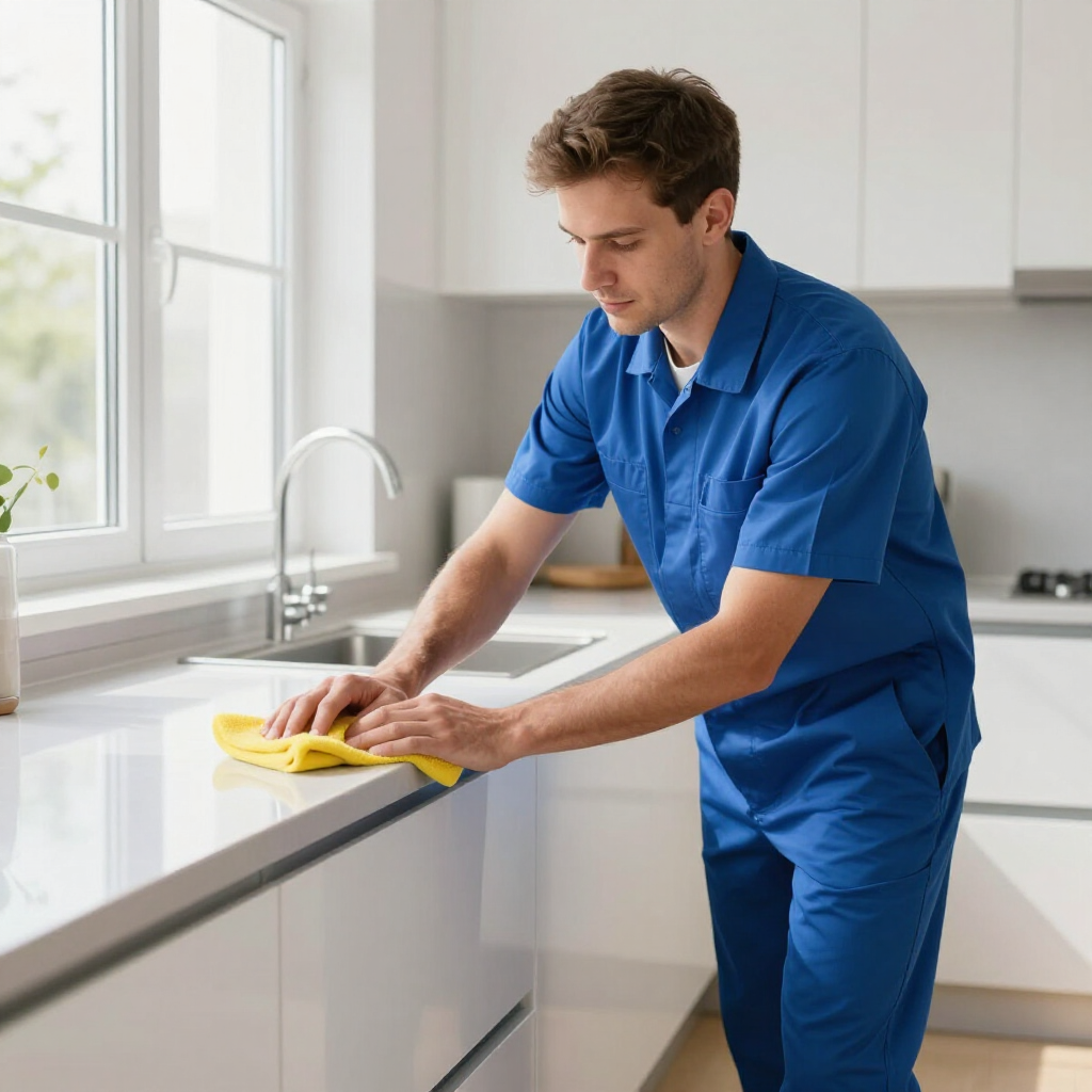 Man in blue work clothes cleaning a white kitchen countertop near a sink and window