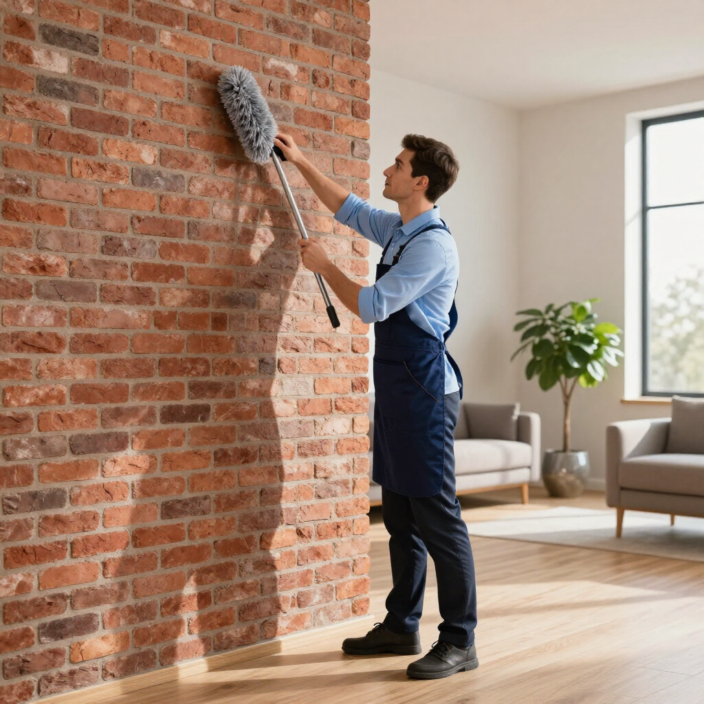 Person dusting a red brick wall with a long-handled duster in a bright living room