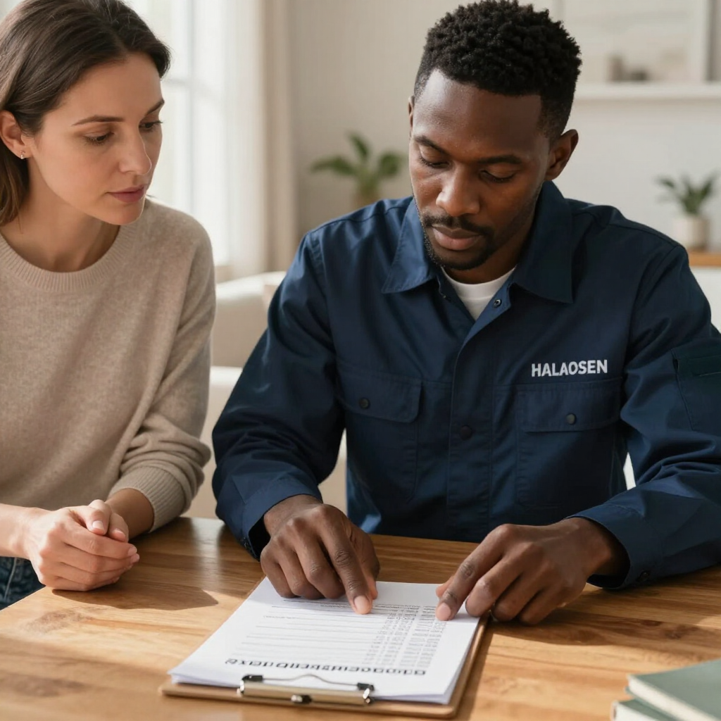 Two people reviewing paperwork at a table, one pointing at a clipboard in a bright office room