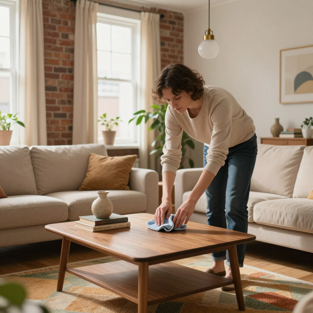 Person cleaning a wooden coffee table in a bright living room with beige sofas and brick walls