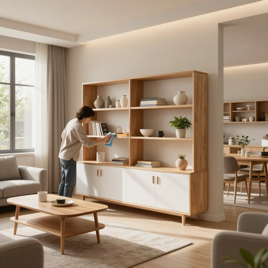 Person arranging decor on a wooden bookshelf in a bright, modern living room