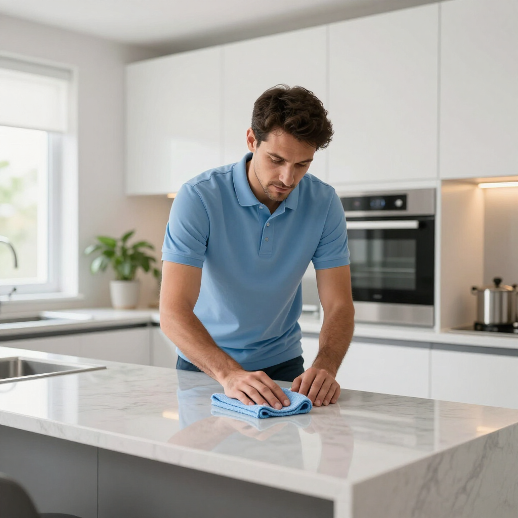 Man wiping a marble kitchen island with a blue cloth in a bright modern kitchen
