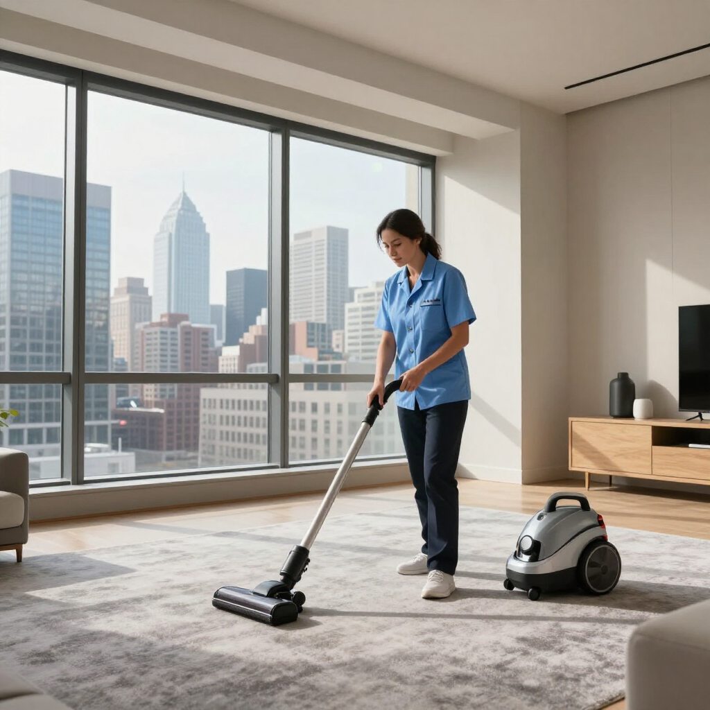 Person vacuuming a bright living room with large windows and city skyline view.