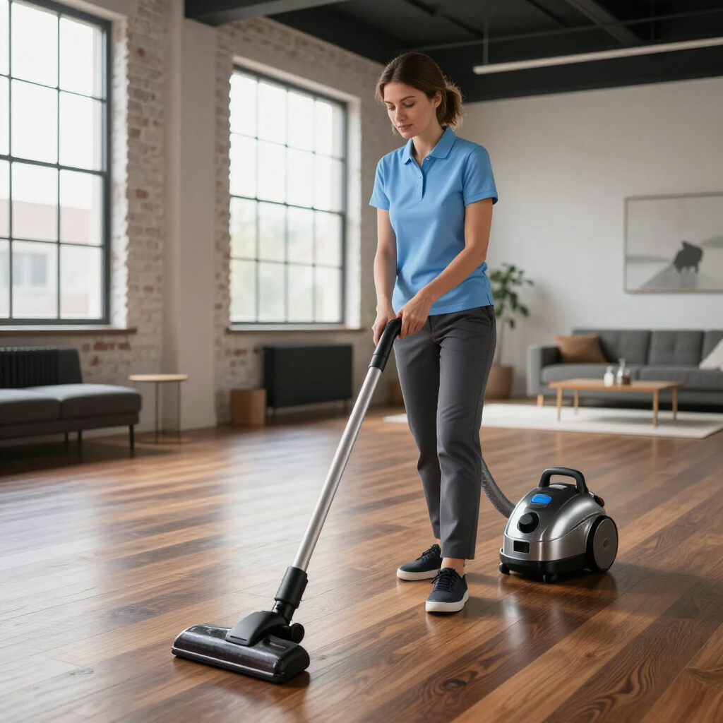 Woman vacuuming a hardwood floor in a bright living room, with a robot vacuum nearby