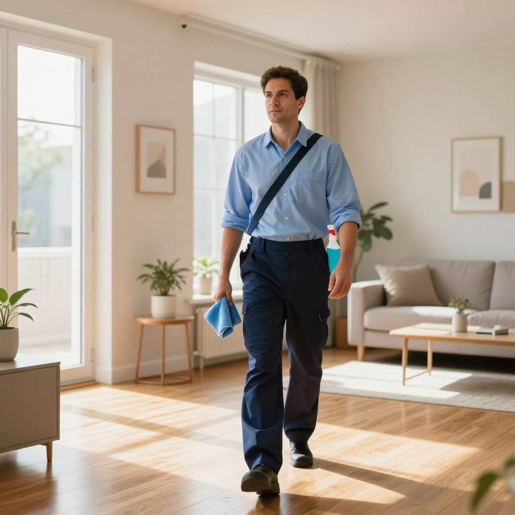 Man in a blue shirt walking through a bright living room, carrying a blue bag
