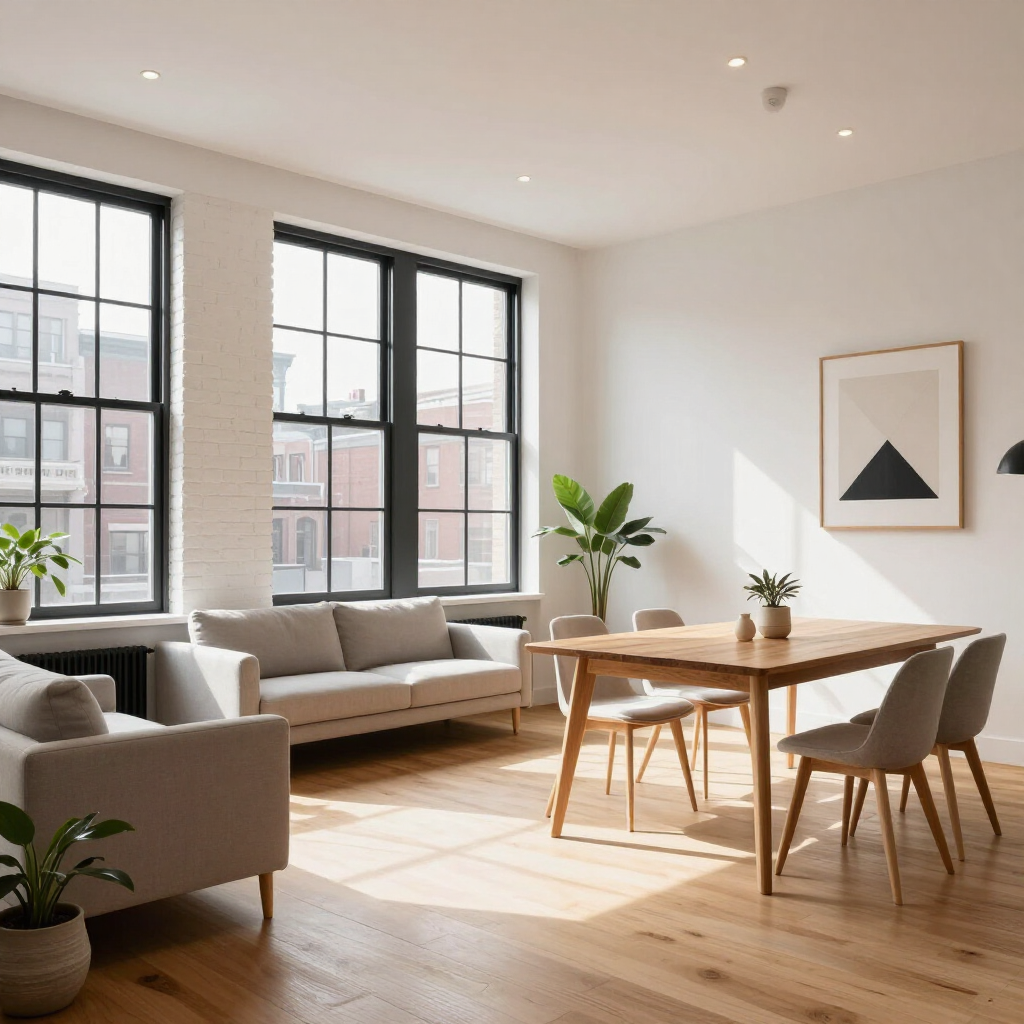 Bright minimalist living room with large windows, gray sofa, wooden dining table, and framed wall art
