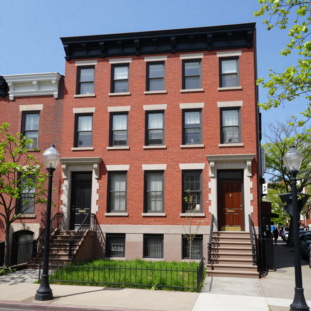 Row of red-brick townhouses with stoops and iron railings on a sunny street