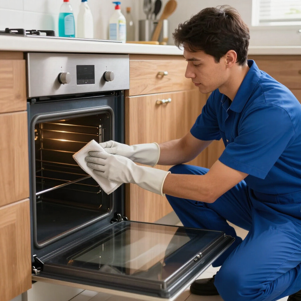 Person in blue uniform cleaning an open oven with a cloth in a kitchen
