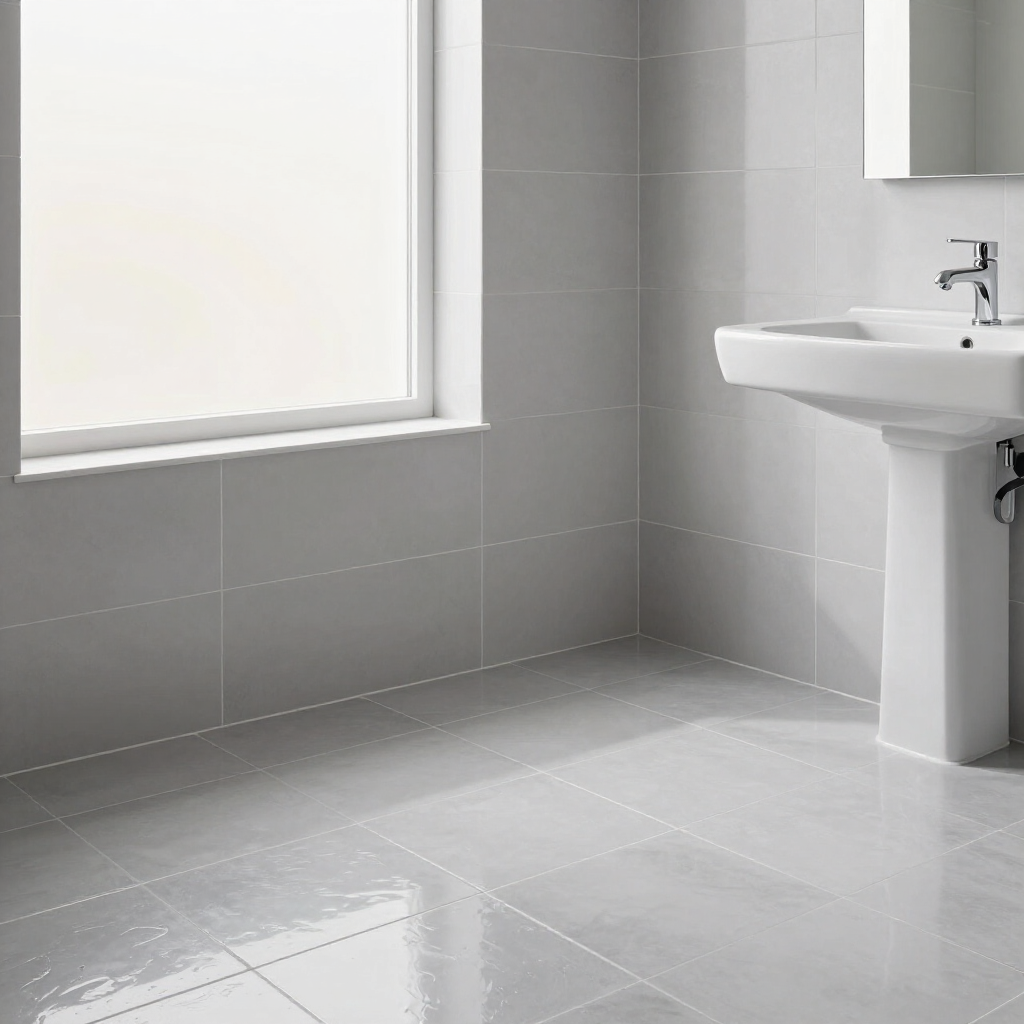 Modern gray-tiled bathroom with a sink and frosted window, showing a glossy wet floor