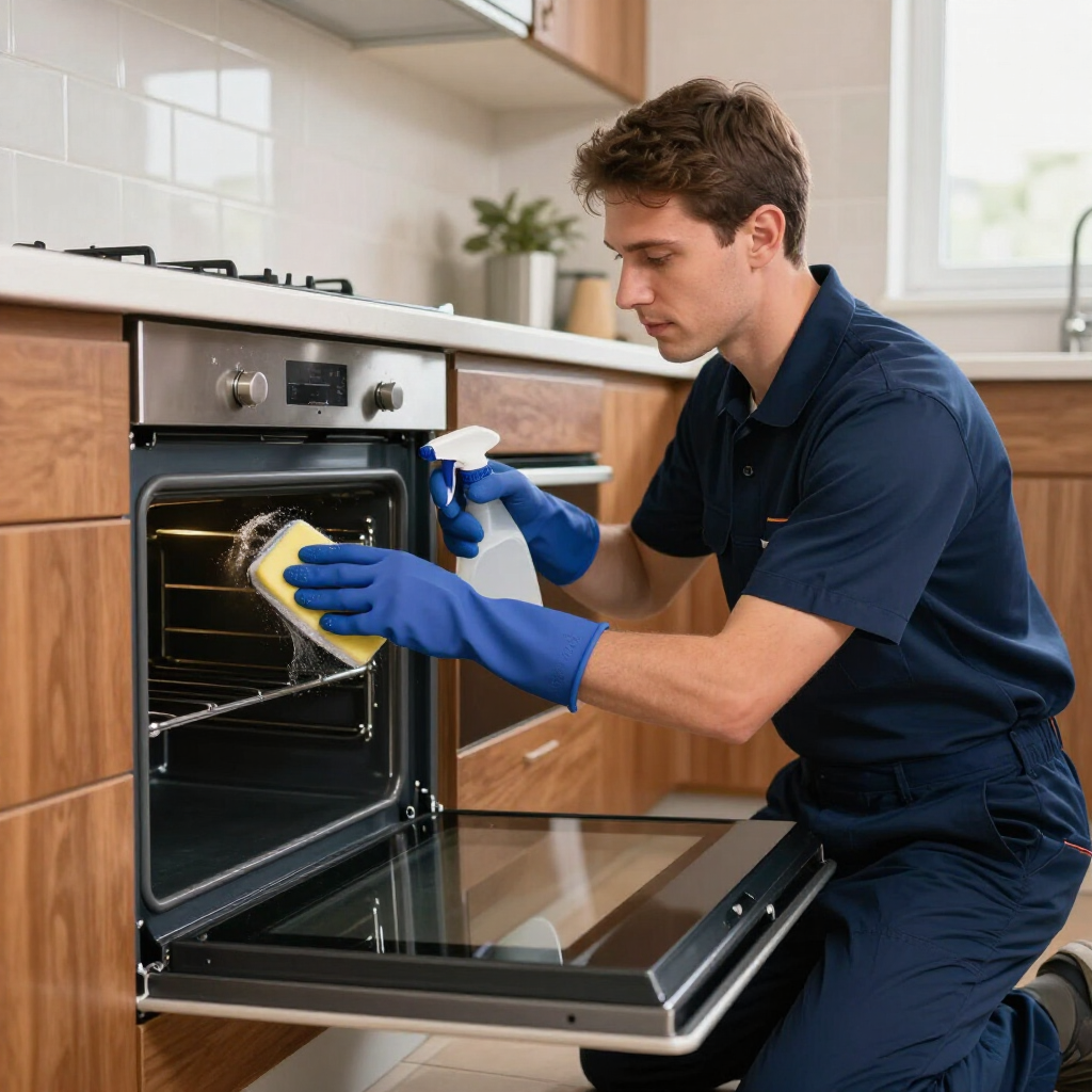 Person cleaning an open oven in a modern kitchen with a sponge and spray bottle
