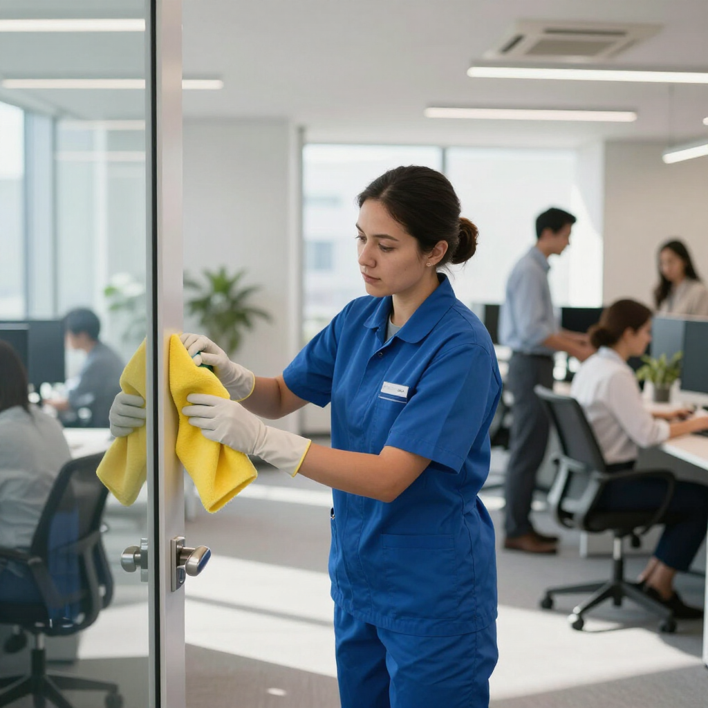 Cleaning staff member wiping a glass office door with a yellow cloth in a modern workspace