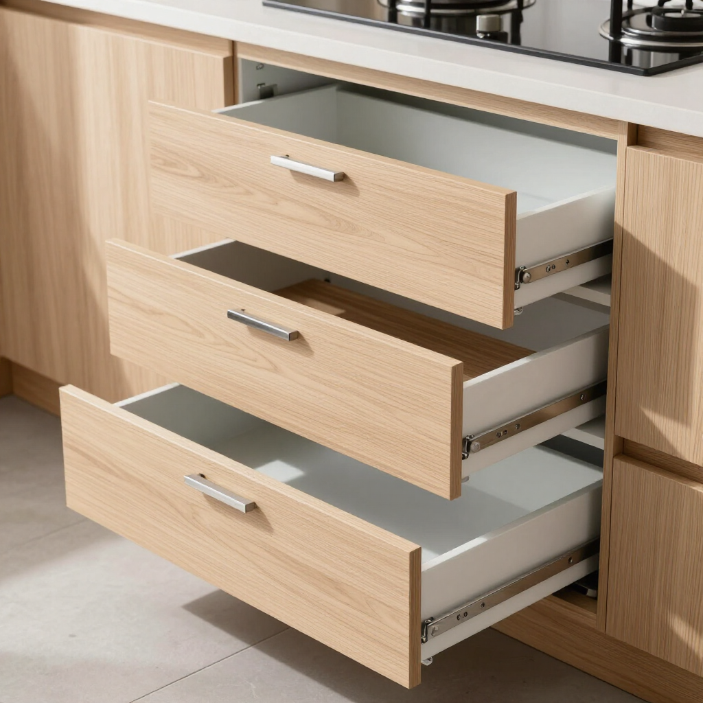 Open kitchen drawers with light wood fronts and gray interiors in a modern cabinet.