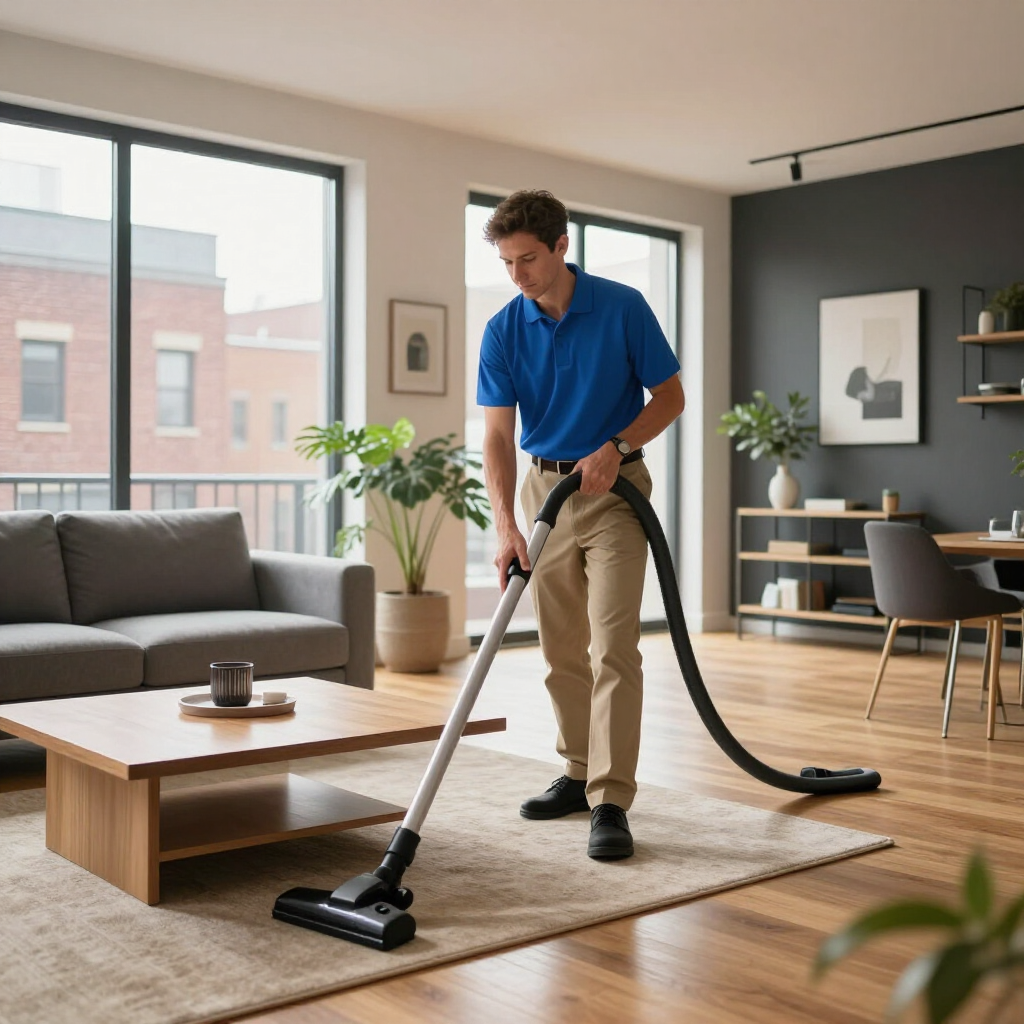 Vacuuming a rug in a modern living room with large windows and plants