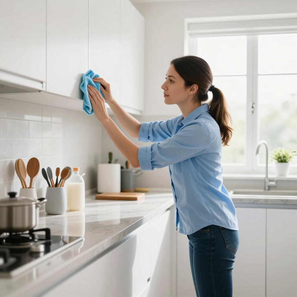 Woman wiping white kitchen cabinets with a blue cloth in a bright modern kitchen