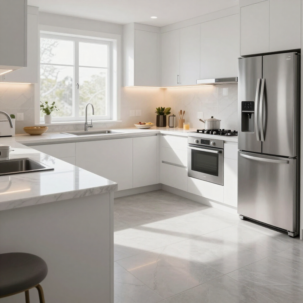 Bright modern white kitchen with stainless steel appliances and sunlit window