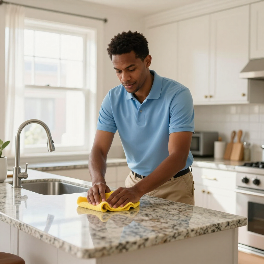 Person wiping a granite kitchen island with a yellow cloth in a bright white kitchen