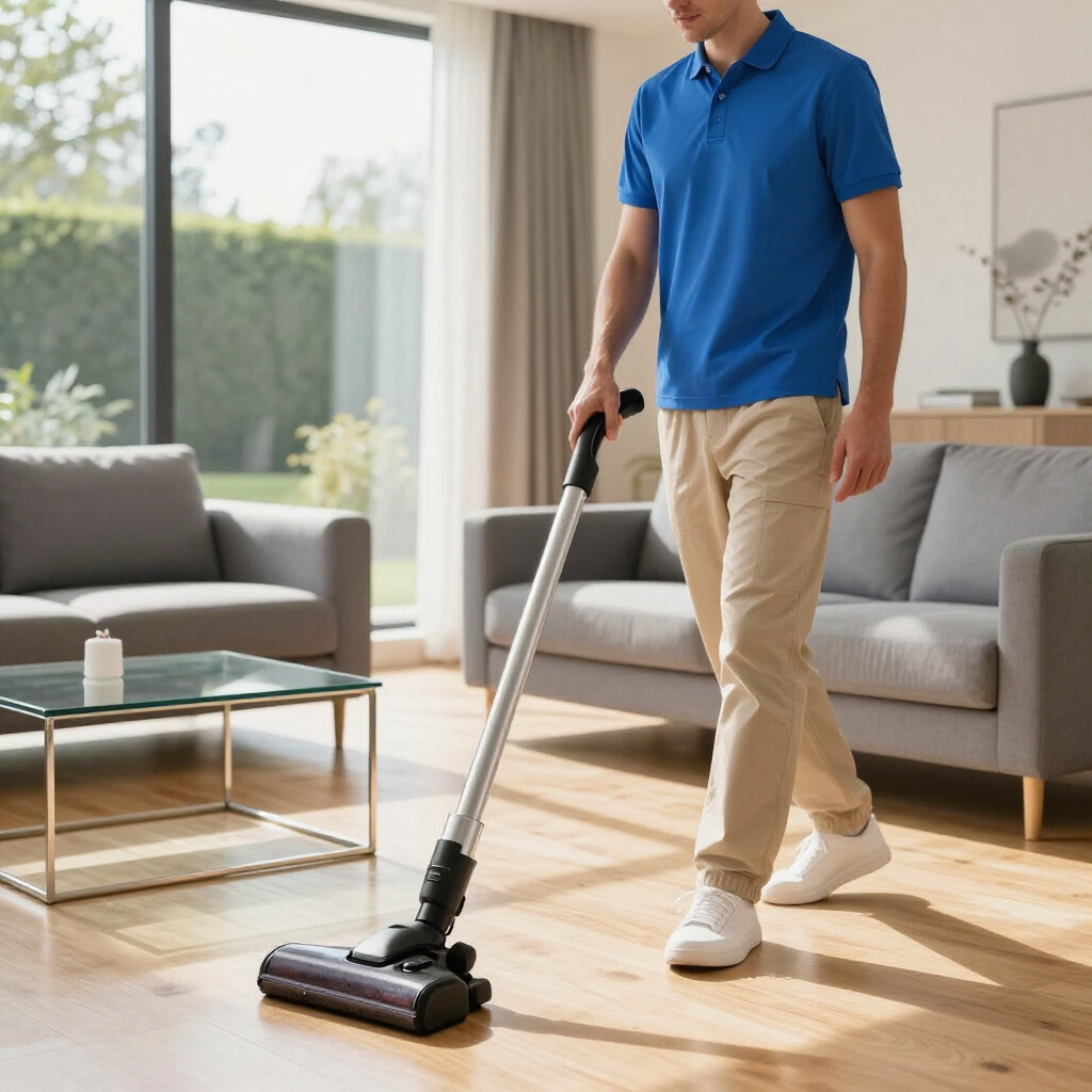 Person vacuuming a sunlit living room with a cordless vacuum cleaner