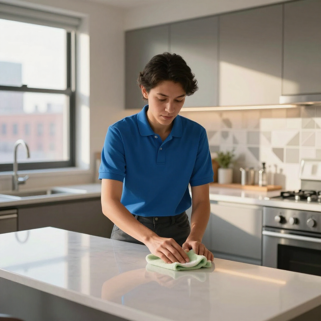 Person in a blue shirt wiping a kitchen countertop in a bright modern kitchen
