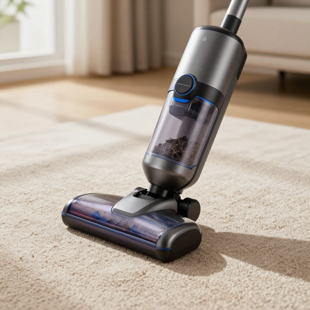 Cordless stick vacuum cleaning a beige carpet in a sunlit room.