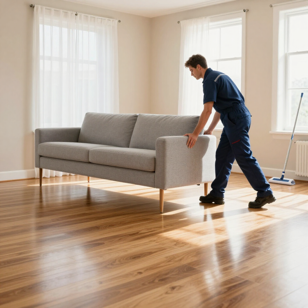 Person moving a gray sofa across a sunlit hardwood living room