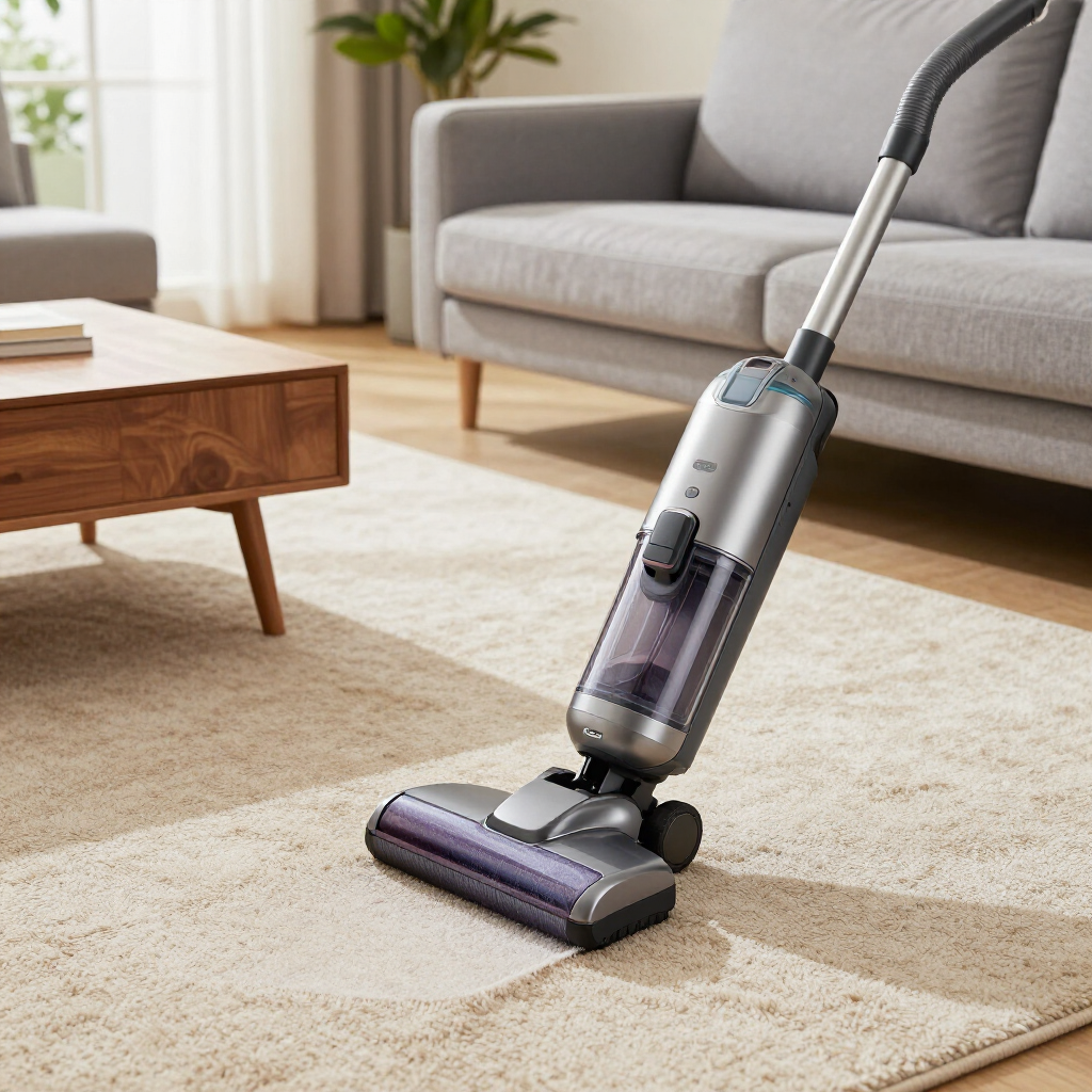 Cordless vacuum cleaner cleaning a beige carpet in a bright living room