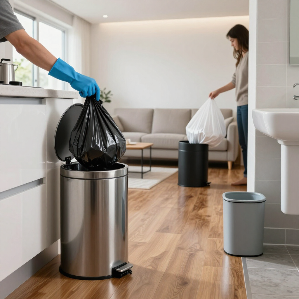 People emptying trash into bins in a modern kitchen and living room