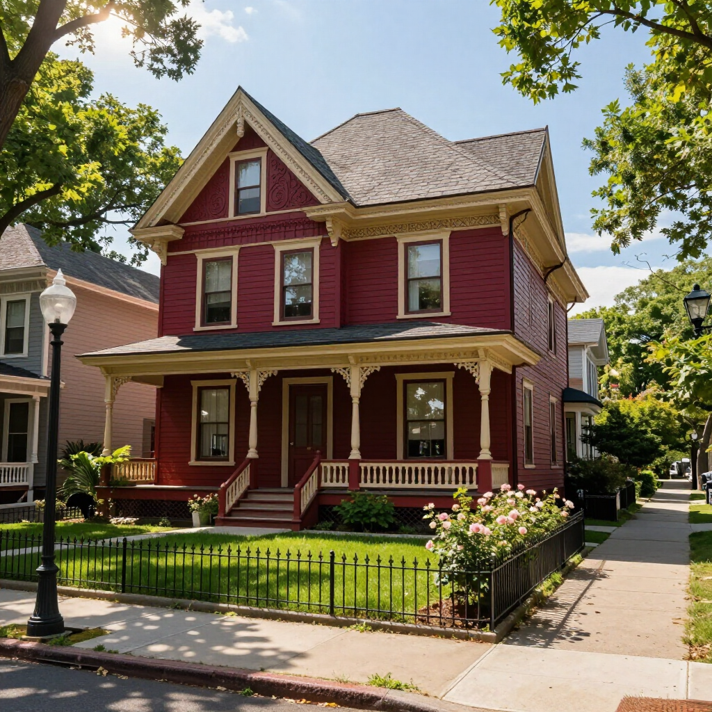 Red two-story Victorian house with a front porch, black fence, and tree-lined sidewalk on a sunny day