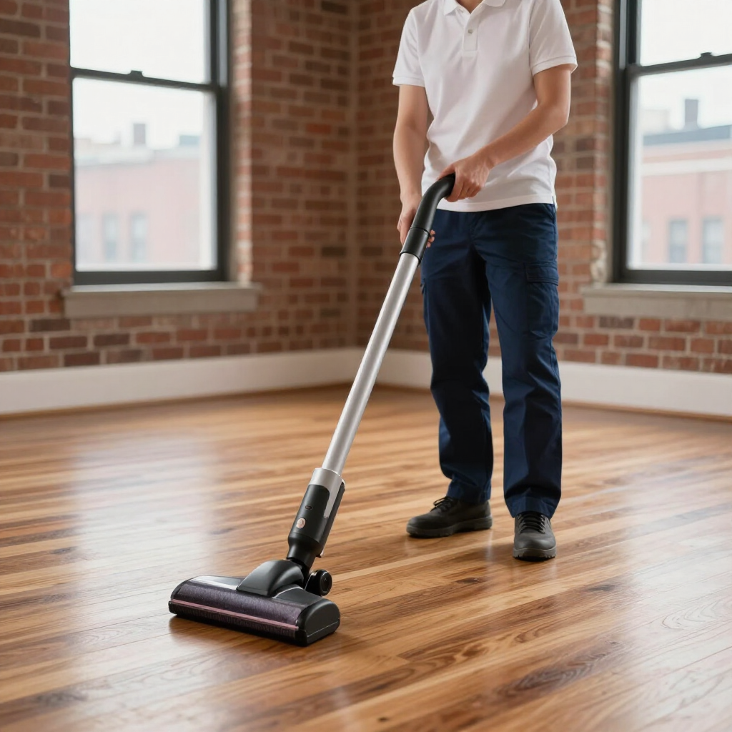 Person vacuuming a hardwood floor in a sunlit brick room