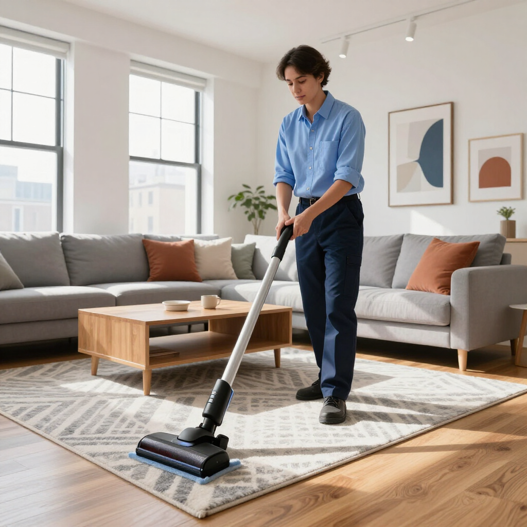 Person vacuuming a patterned rug in a bright living room with a gray sofa and wooden coffee table