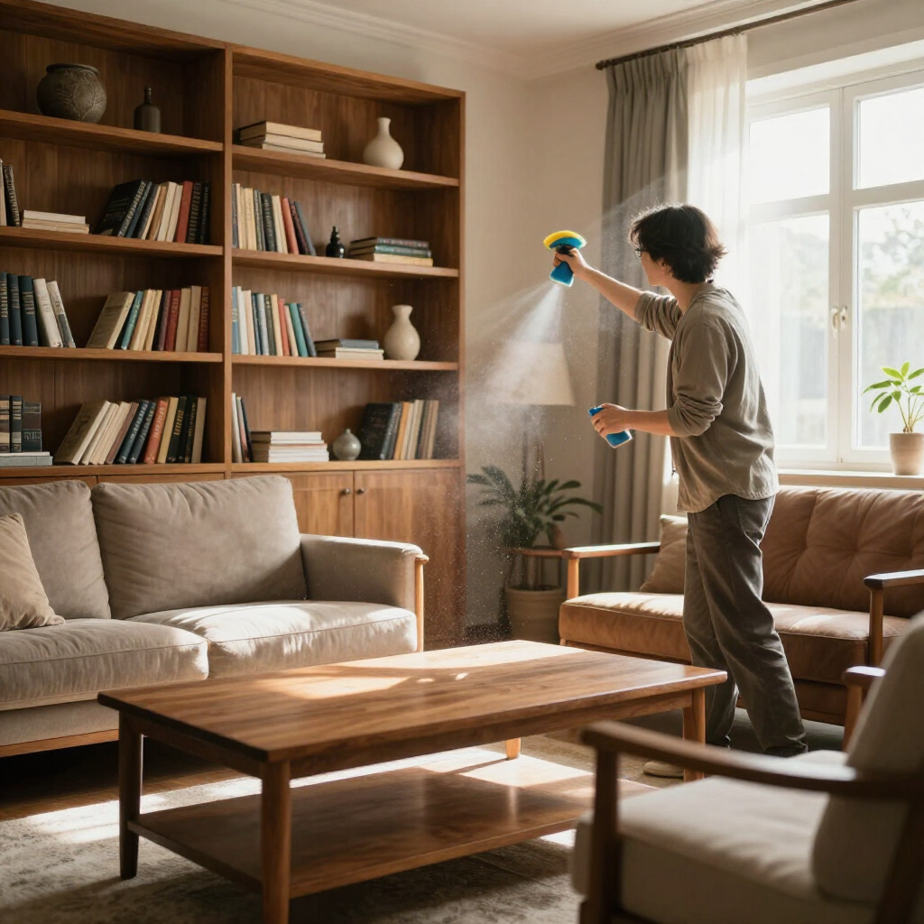 Person spraying cleaner in a sunlit living room with bookshelves, sofa, and wooden coffee table